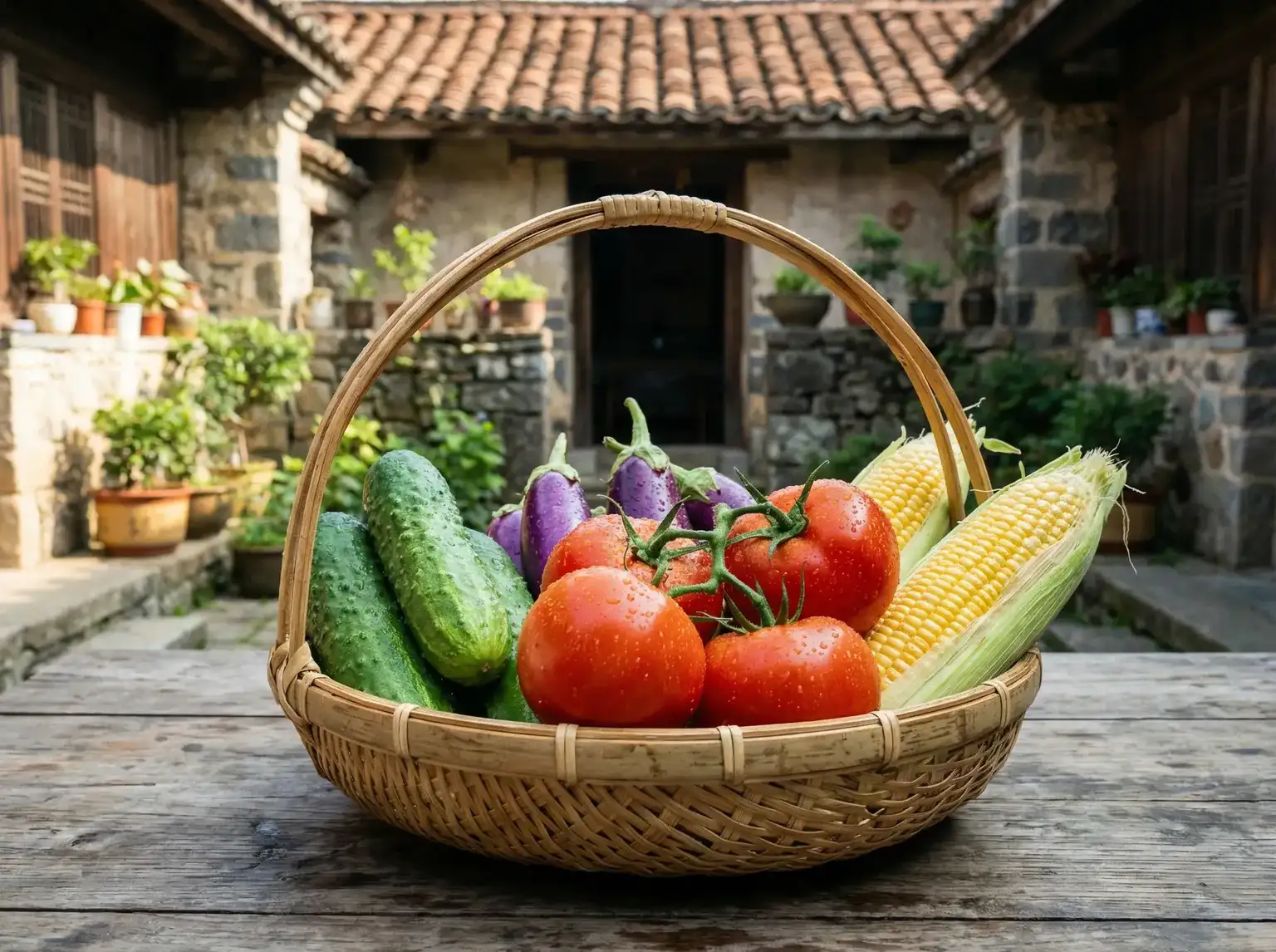 竹篮里的新鲜蔬菜番茄黄瓜玉米 - 风流大宝传奇 有机蔬菜